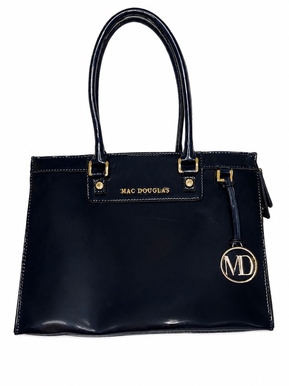 💎 MAC DOUGLAS Paris Navy Patent Leather Structured Tote Gold Hardware Chic Y2K